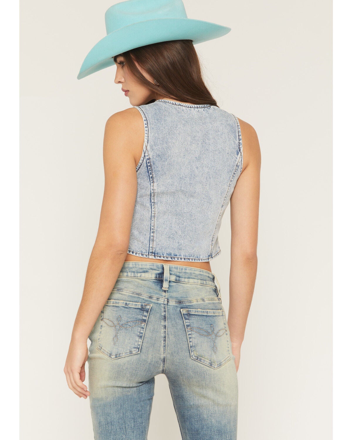 Image #4 - Ashley Women's Boot Barn Exclusive Buckle Front Denim Vest, Light Blue, hi-res