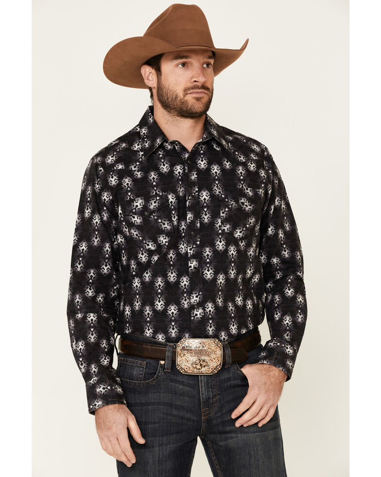 Rock & Roll Denim Men's Black Southwestern Print Long Sleeve Western Shirt , Black, hi-res