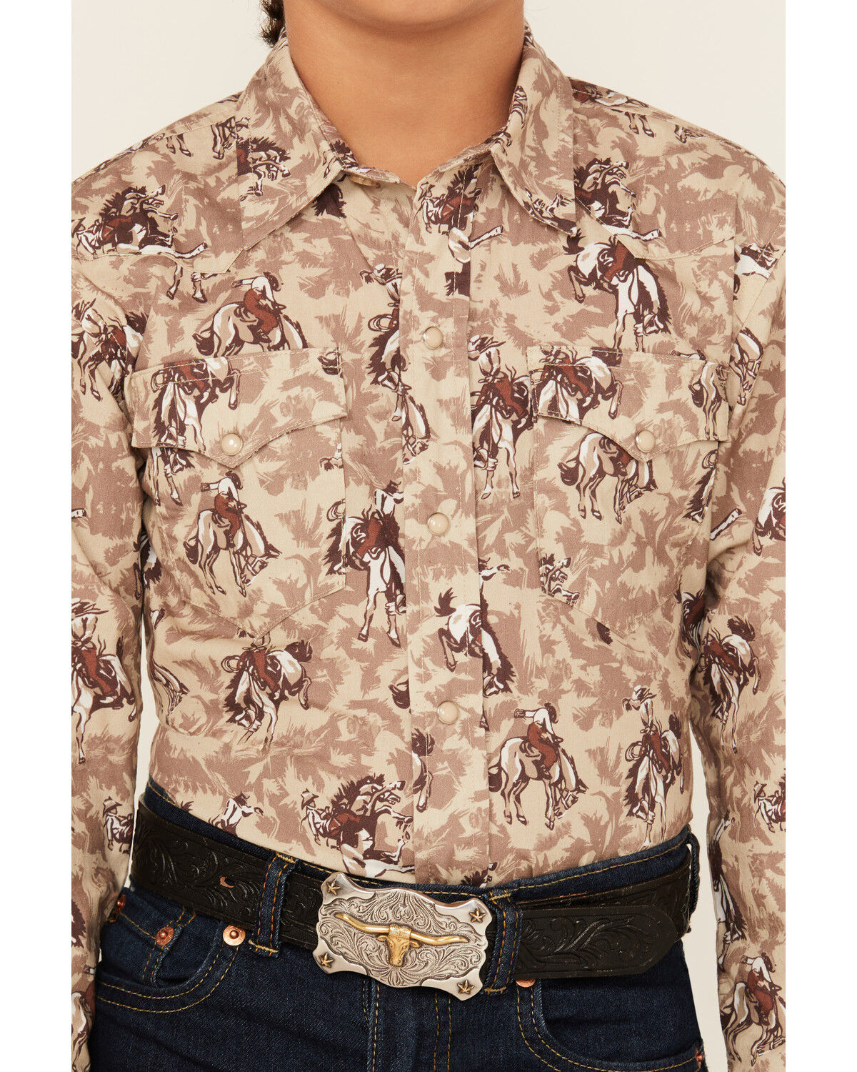 Image #3 - Roper Boys' Bucking Horse Print Long Sleeve Snap Western Shirt, Brown, hi-res