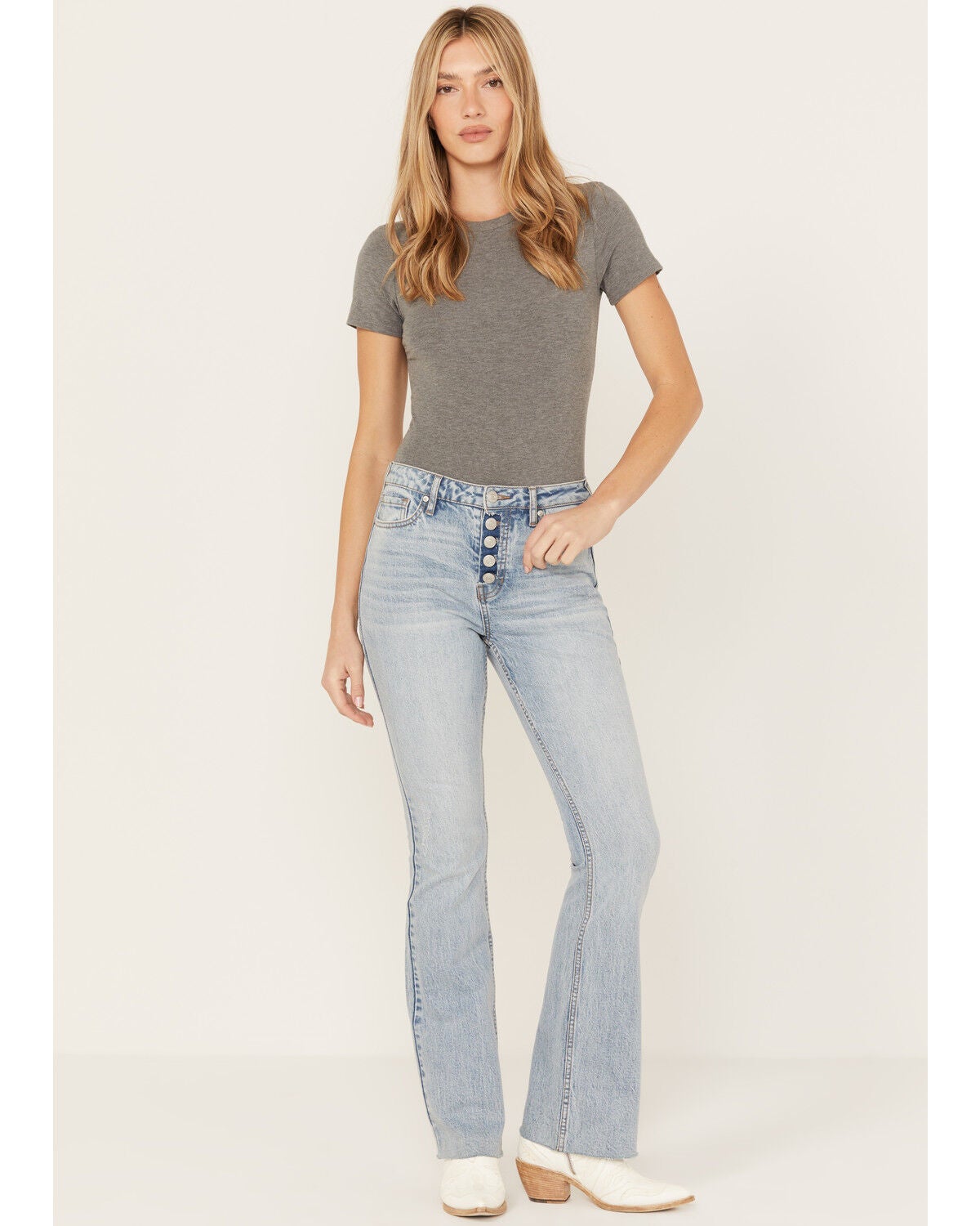 Cleo + Wolf Women's Light Wash High Rise Slim Bootcut Jeans, Light Medium Wash, hi-res