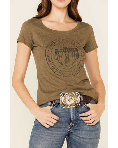 Shyanne Women's In Booze We Trust Graphic Short Sleeve Tee , Olive, hi-res