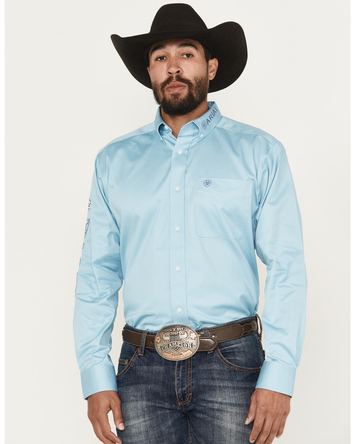 Image #2 - Ariat Men's Team Logo Long Sleeve Button-Down Western Shirt, Light Blue, hi-res