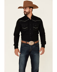 Rock 47 By Wrangler Men's Solid Black Embroidered Long Sleeve Snap Western Shirt , Black, hi-res