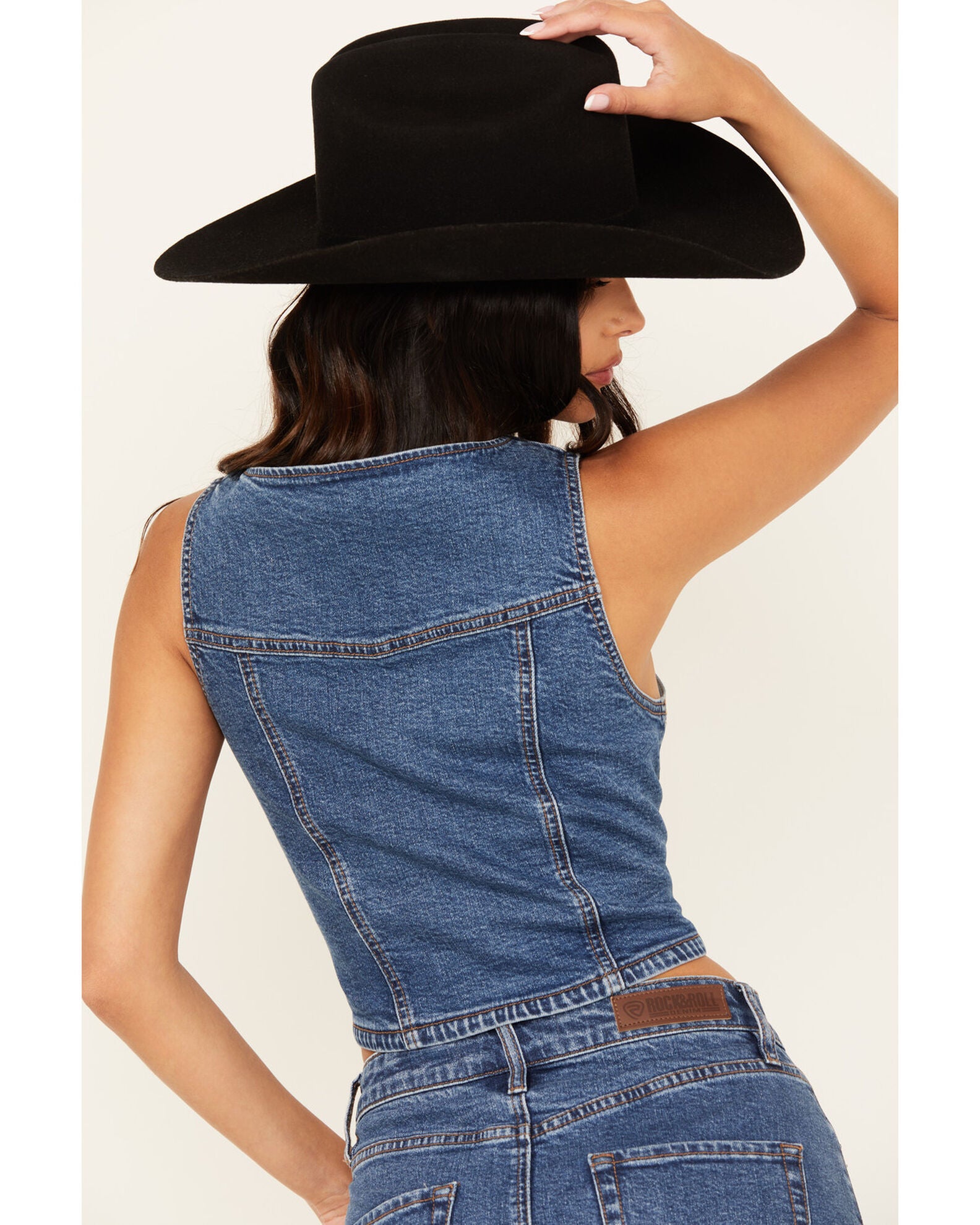 Rock & Roll Denim Women's Medium Wash Rhinestone Studded Vest, Medium Wash