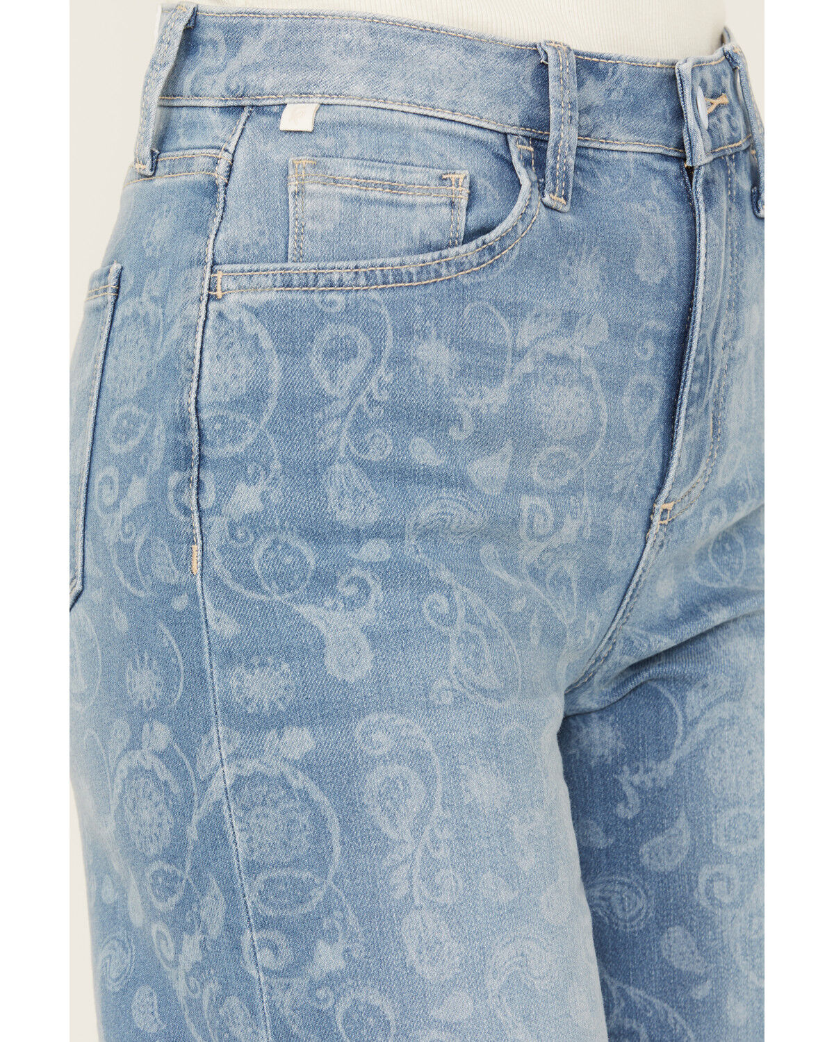 Image #2 - Ceros Women's Medium Wash High Rise Paisley Printed Wide Leg Straight Stretch Jeans, Medium Wash, hi-res