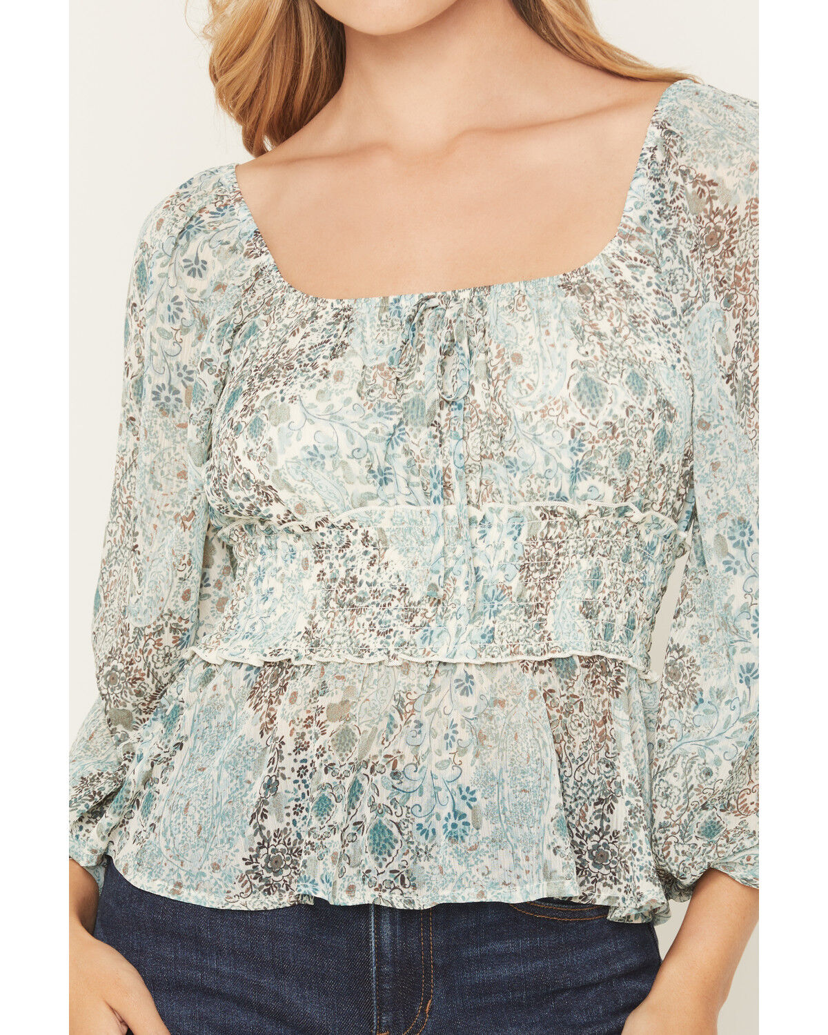 Image #3 - Ash & Violet Women's Boot Barn Exclusive Printed Long Sleeve Shirt, Teal, hi-res