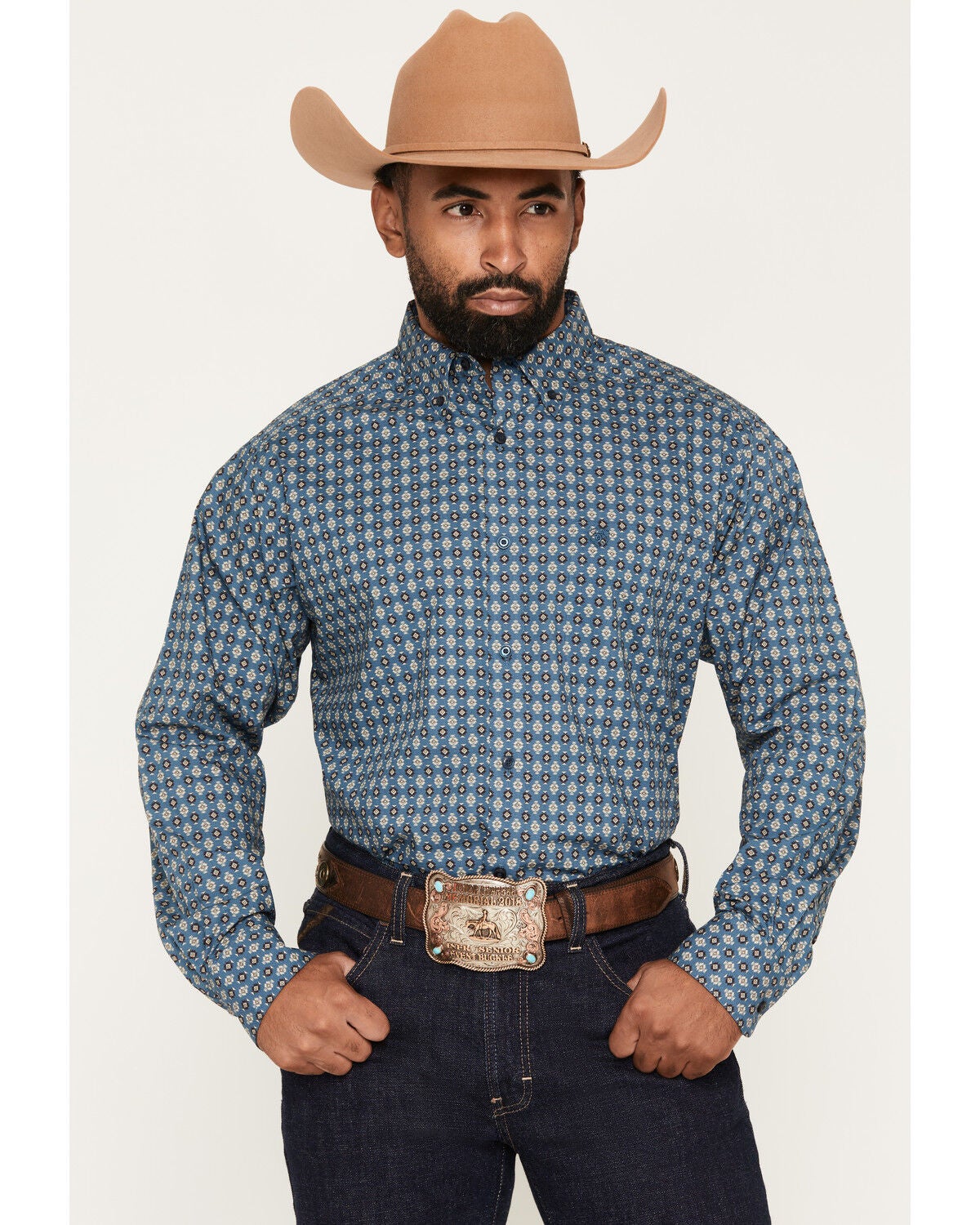 Image #1 - Ariat Men's Lex Geo Print Long Sleeve Button-Down Western Shirt, Blue, hi-res