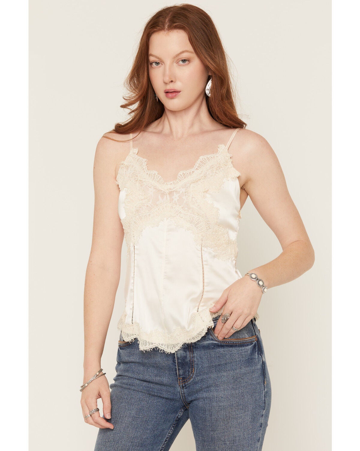 Miss Me Women's Lace Trim Corset Cami, Cream, hi-res