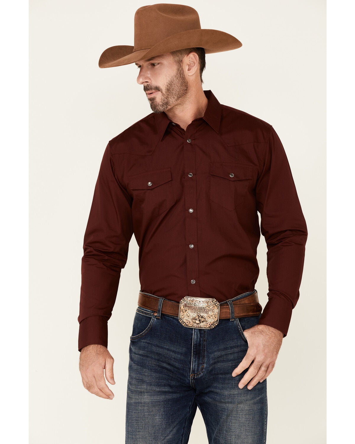 Gibson Men's Basic Solid Long Sleeve Pearl Snap Western Shirt - Big, Burgundy, hi-res
