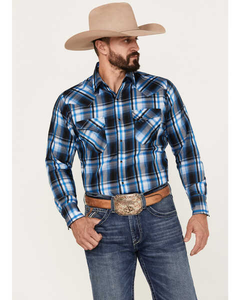 Image #1 - Ely Walker Men's Plaid Print Long Sleeve Snap Western Shirt , Royal Blue, hi-res