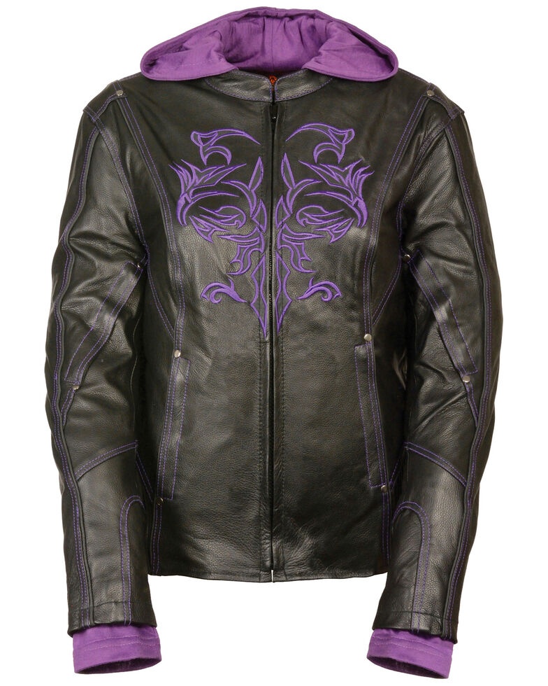 Milwaukee Leather Women's 3/4  Leather Jacket With Reflective Tribal Detail, Black/purple, hi-res