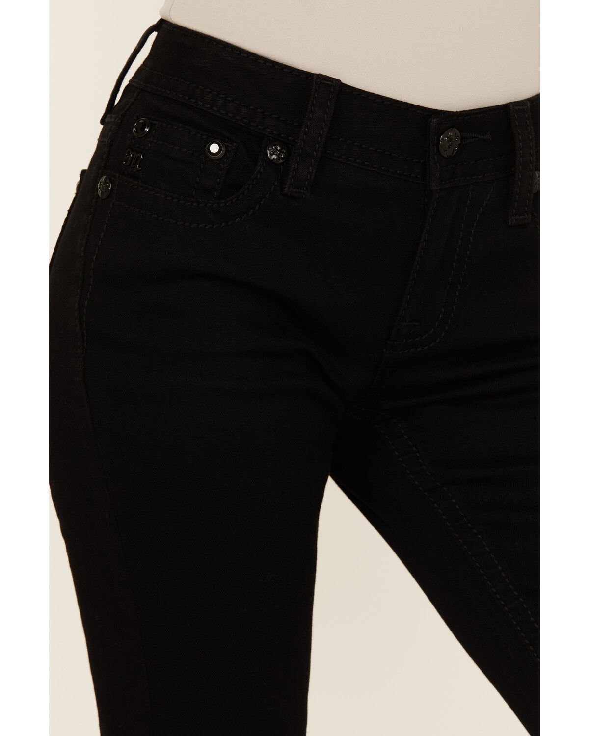 Image #4 - Miss Me Women's Mid Rise Cross Pocket 32" Bootcut Stretch Denim Jeans, Black, hi-res