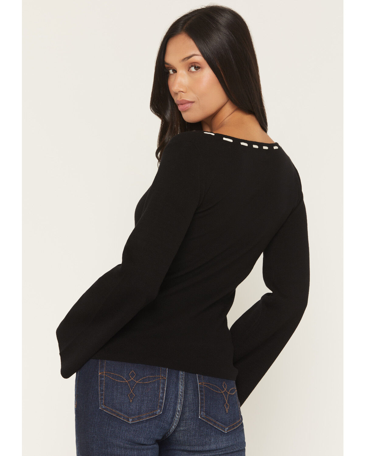 Image #4 - Originality Women's Solid Flared Long Sleeve Sweater, Black, hi-res