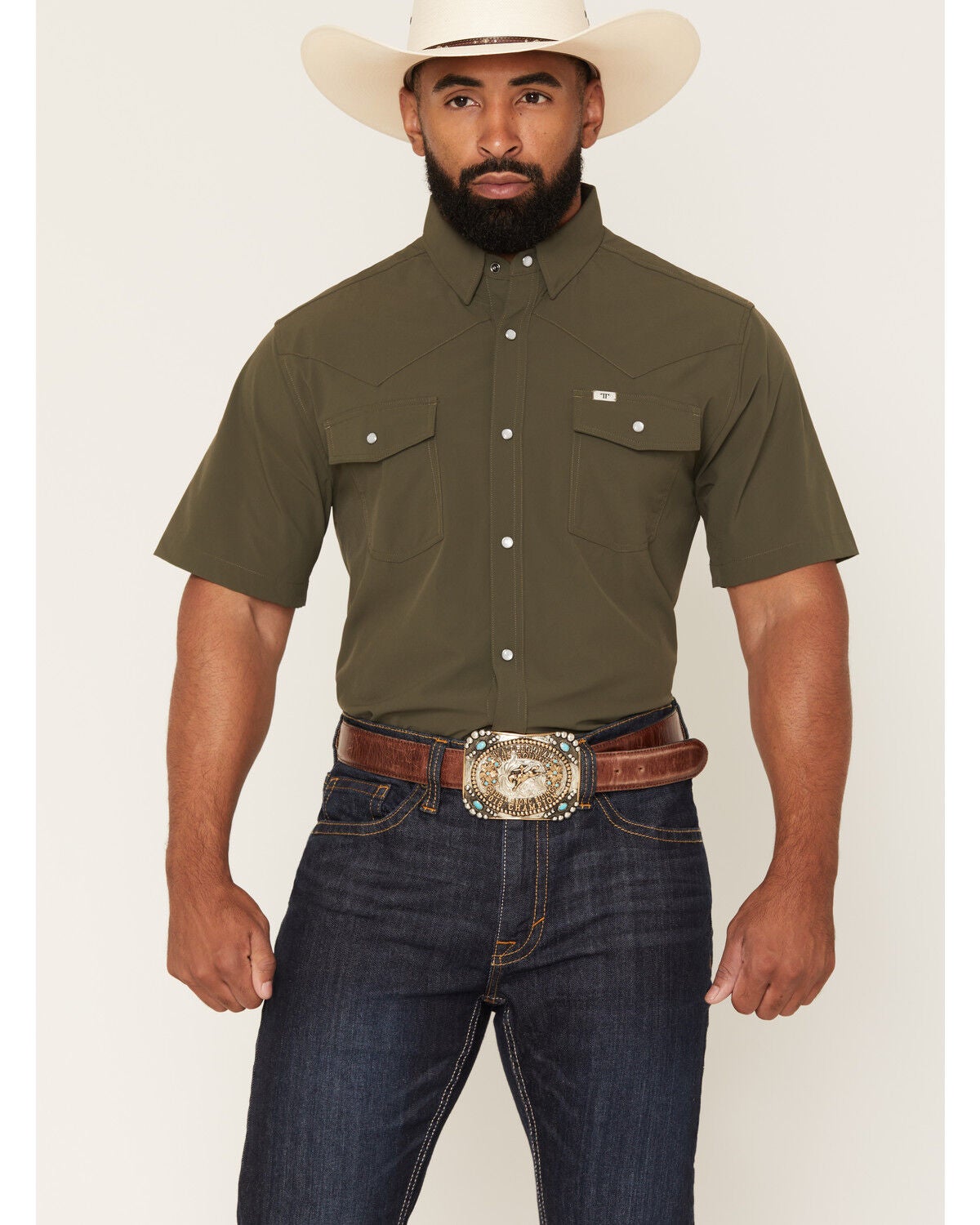 Image #1 - Ferrell Men's Tek Solid Short Sleeve Pearl Snap Stretch Performance Western Shirt, Olive, hi-res