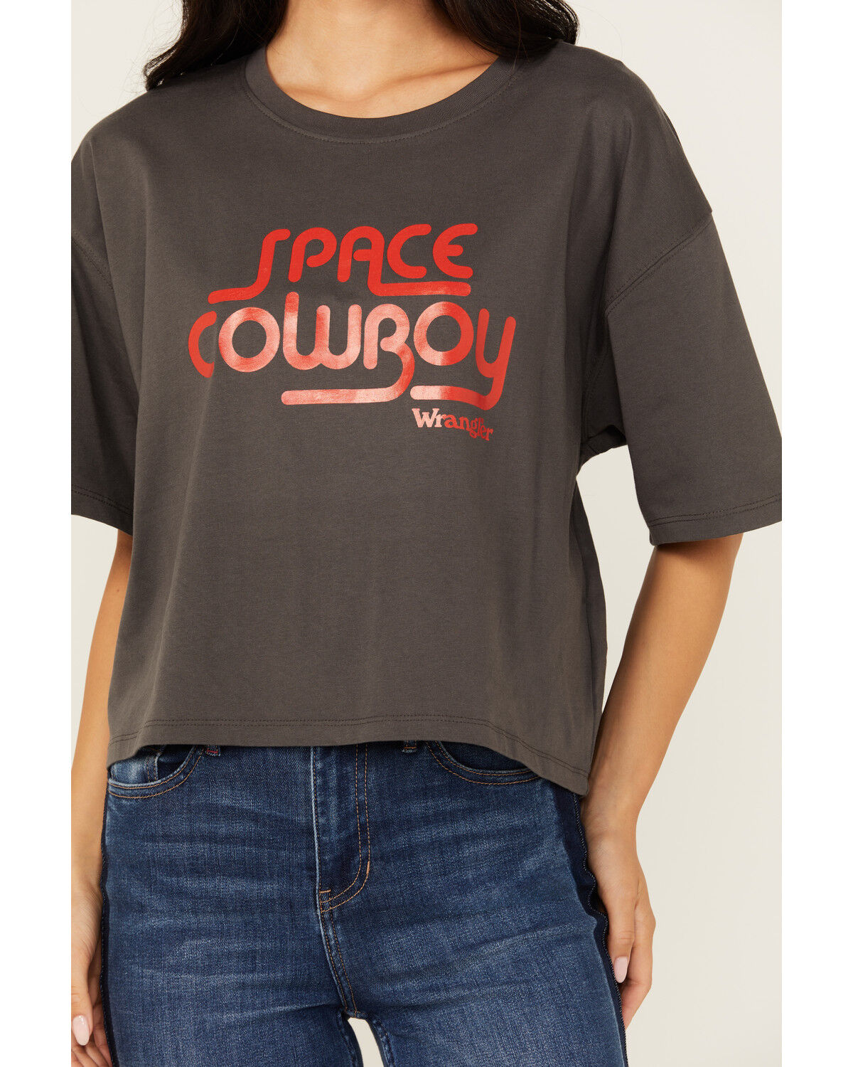 Image #3 - Wrangler Women's Space Cowboy Boxy Cropped Graphic Tee, Dark Grey, hi-res