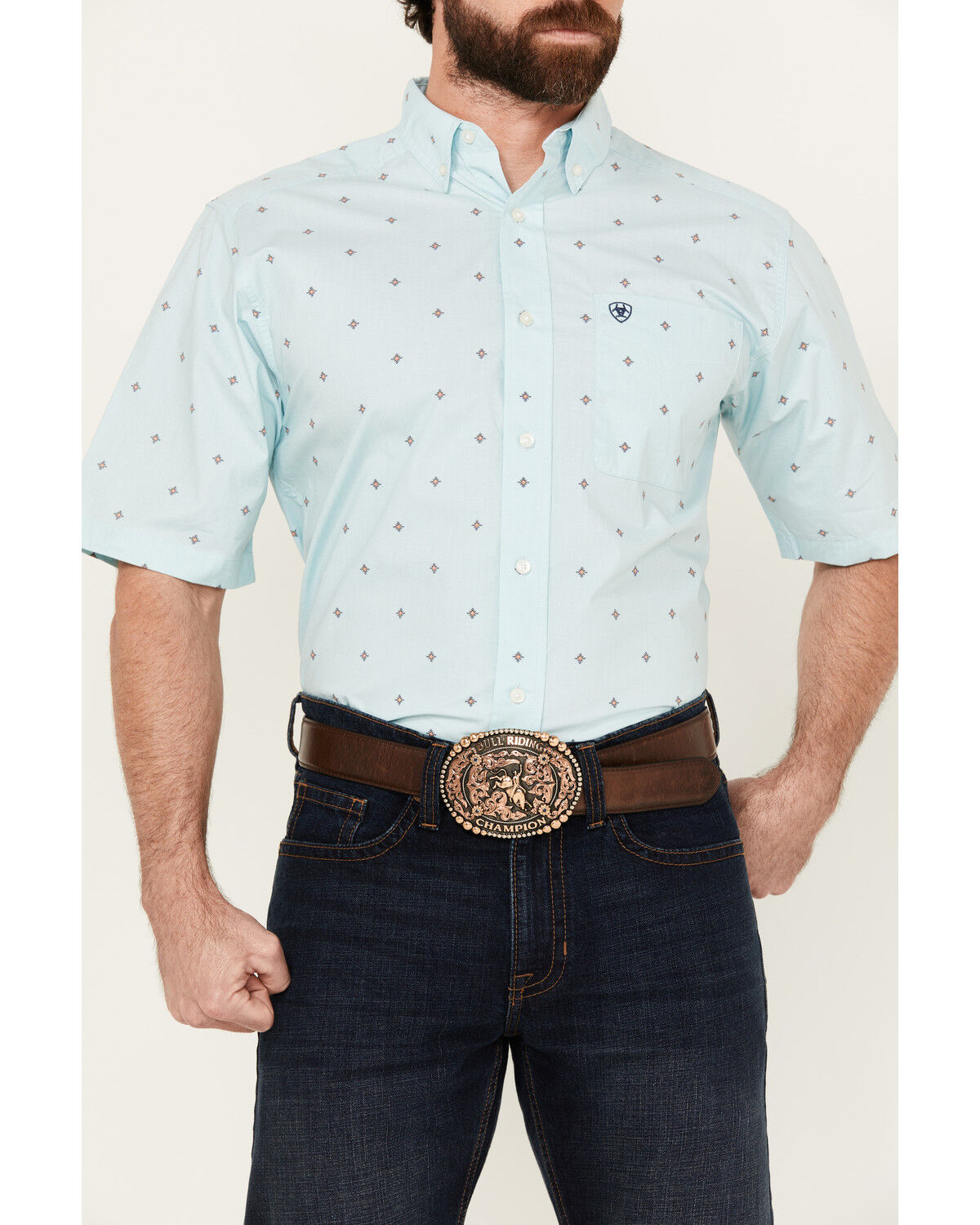 Image #3 - Ariat Men's Royce Geo Print Short Sleeve Button-Down Western Shirt, Light Blue, hi-res
