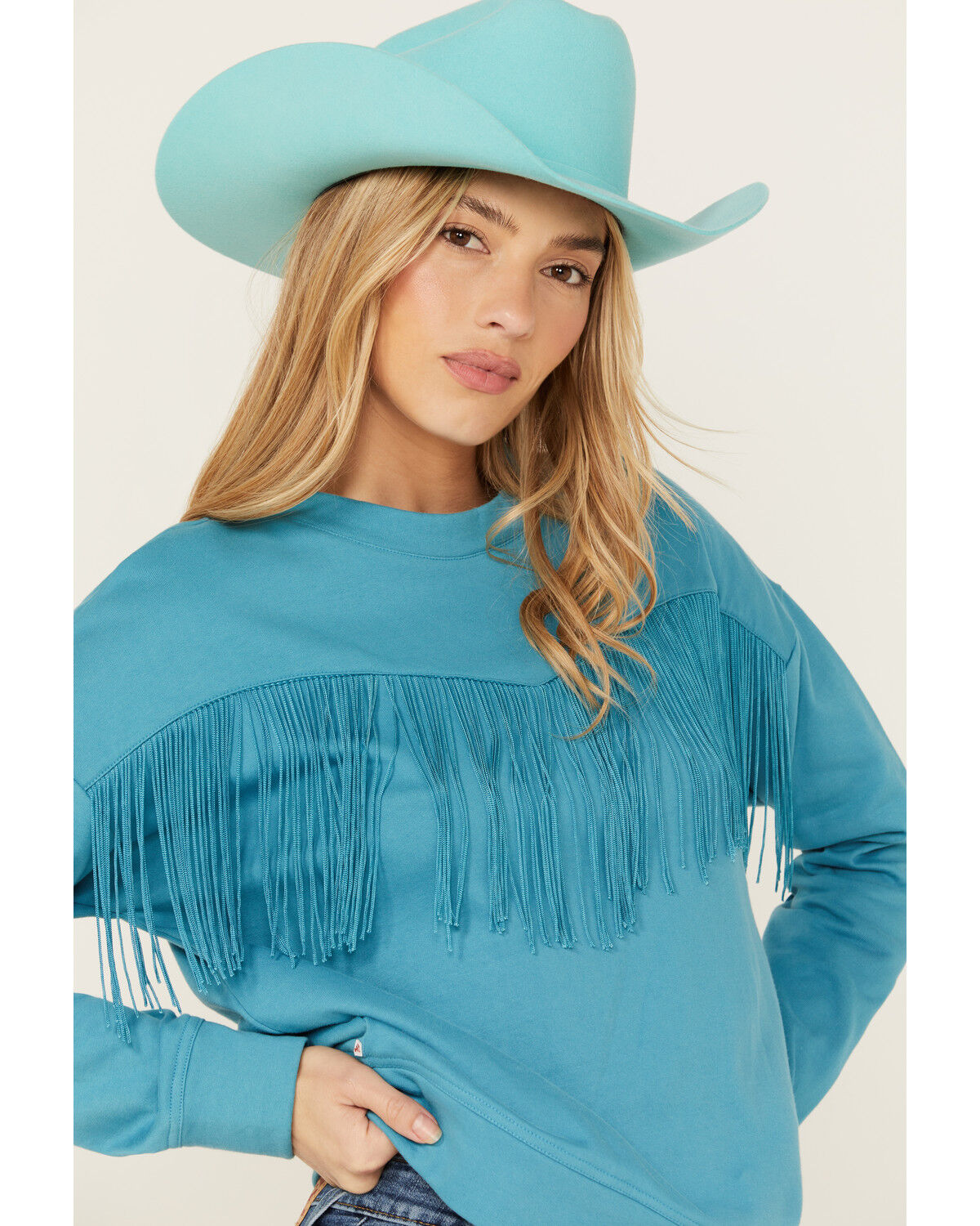 Image #2 - Roper Women's Fringe Fleece Pullover, Turquoise, hi-res