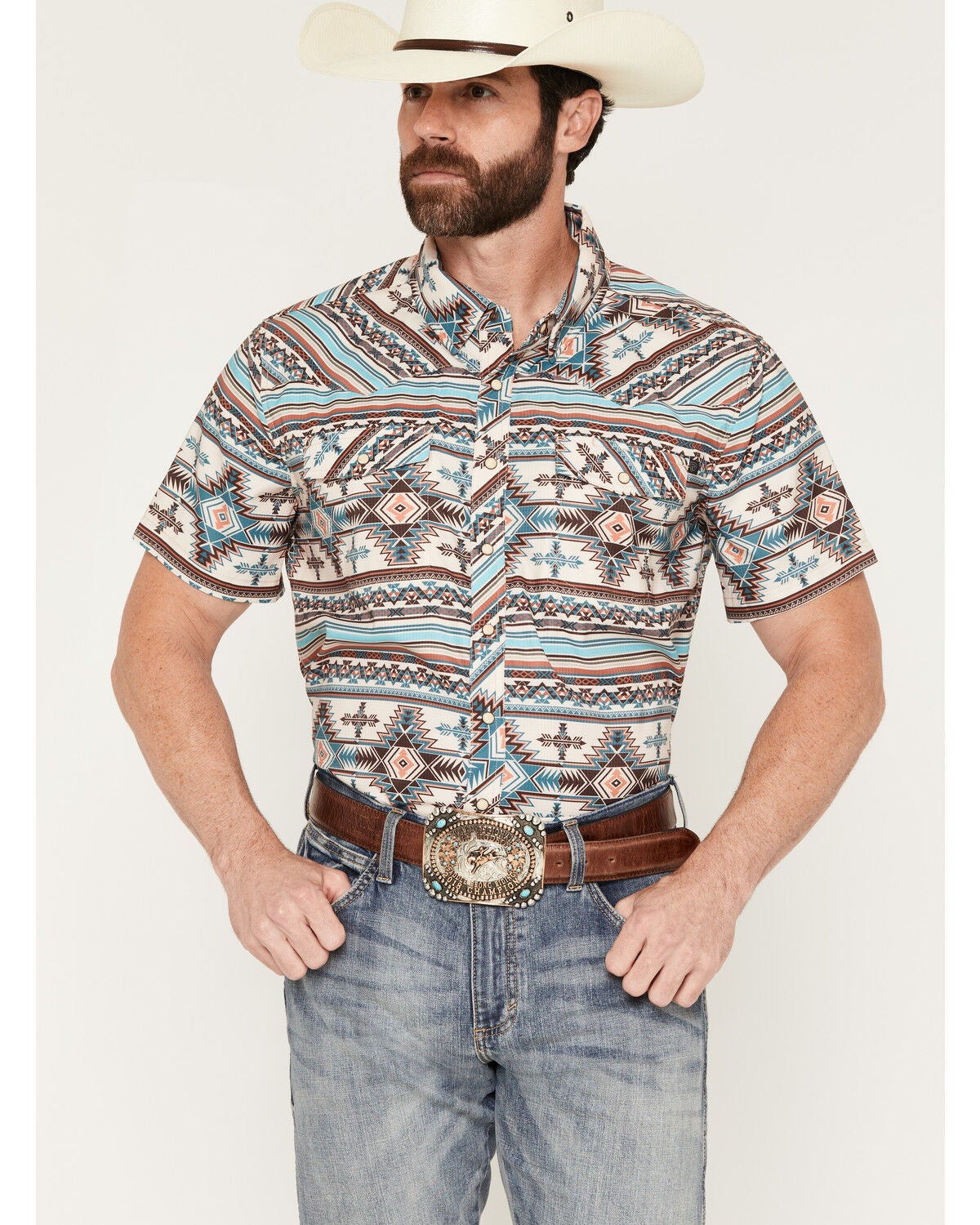Image #1 - Rock & Roll Denim Men's Tek Southwestern Print Short Sleeve Snap Stretch Western Shirt, Natural, hi-res