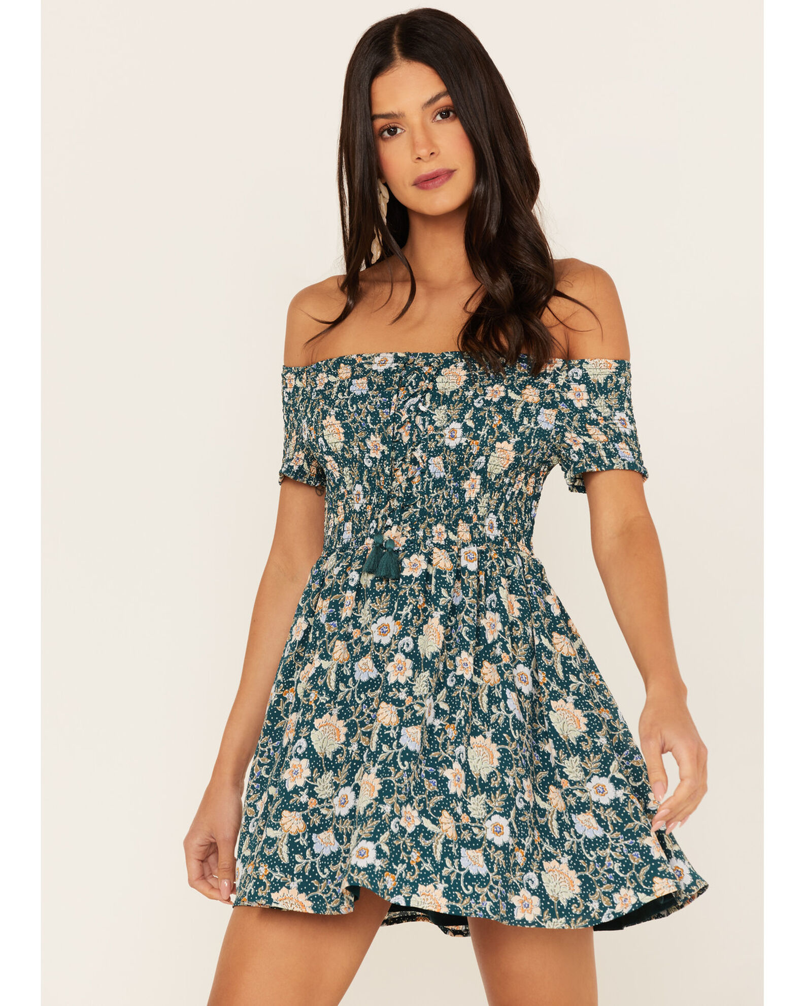 Floral smocked off the shoulder dress store