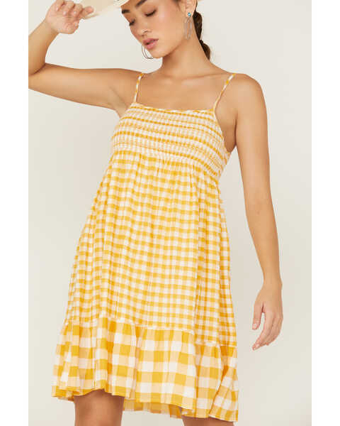 Image #2 - Mittoshop Women's Gingham Smocked Front Dress, Mustard, hi-res