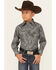 Image #1 - Cowboy Hardware Boys' Bandana Print Long Sleeve Pearl Snap Western Shirt , Charcoal, hi-res