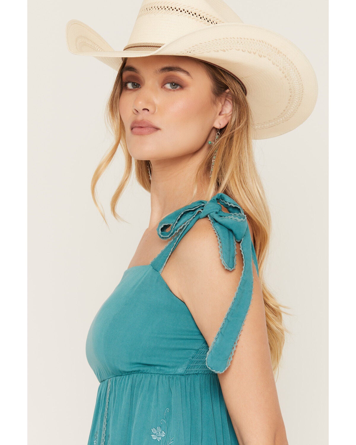 Image #2 - Wild Moss Women's Tie Strap Embroidered Mini Dress, Teal, hi-res