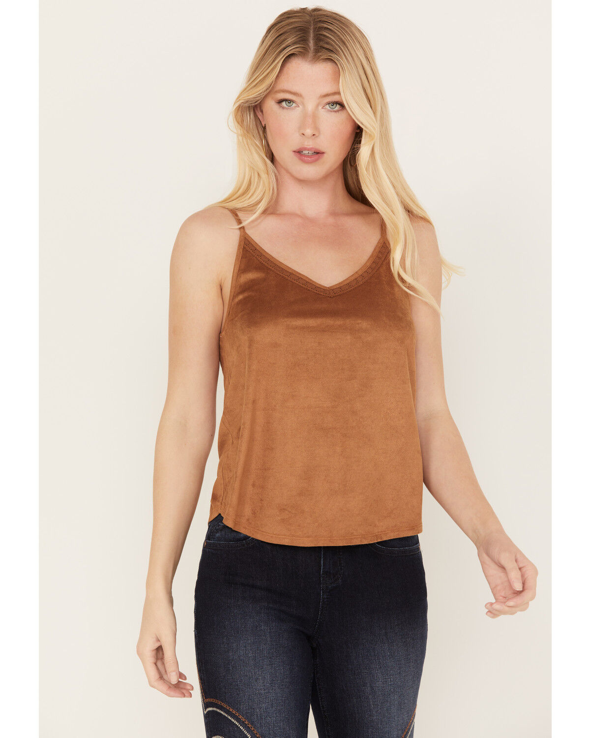 Image #1 - Shyanne Women's Crochet Lace Faux Suede Cami Top, Brown, hi-res