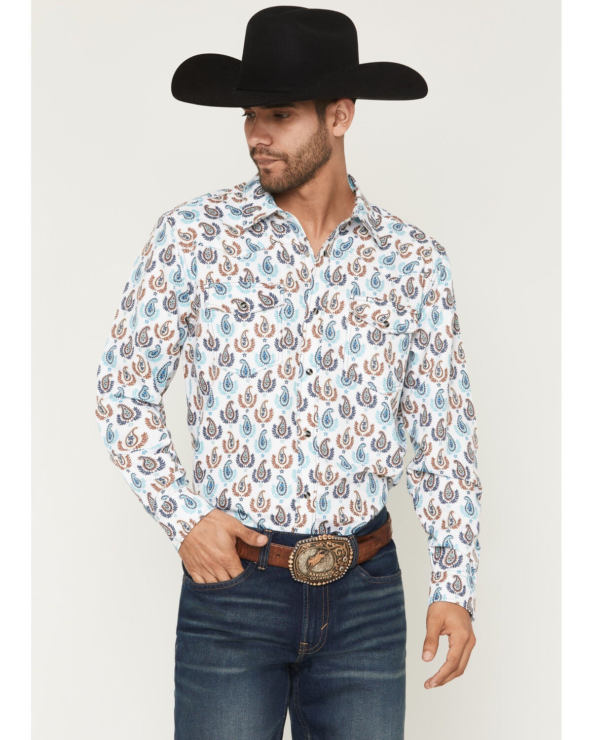 Image #1 - RANK 45&reg; Men's Told You So Paisley Print Long Sleeve Snap Performance Western Shirt, Ivory, hi-res