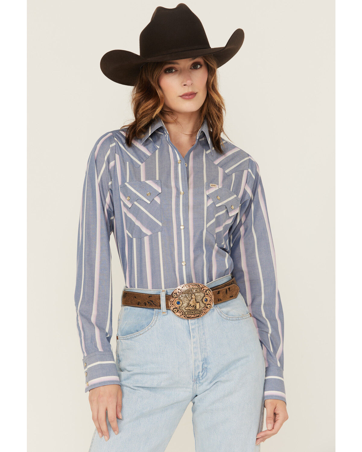 Image #1 - Cowboygirl by Jenna Paulette Women's Striped Long Sleeve Pearl Snap Western Shirt, Blue, hi-res