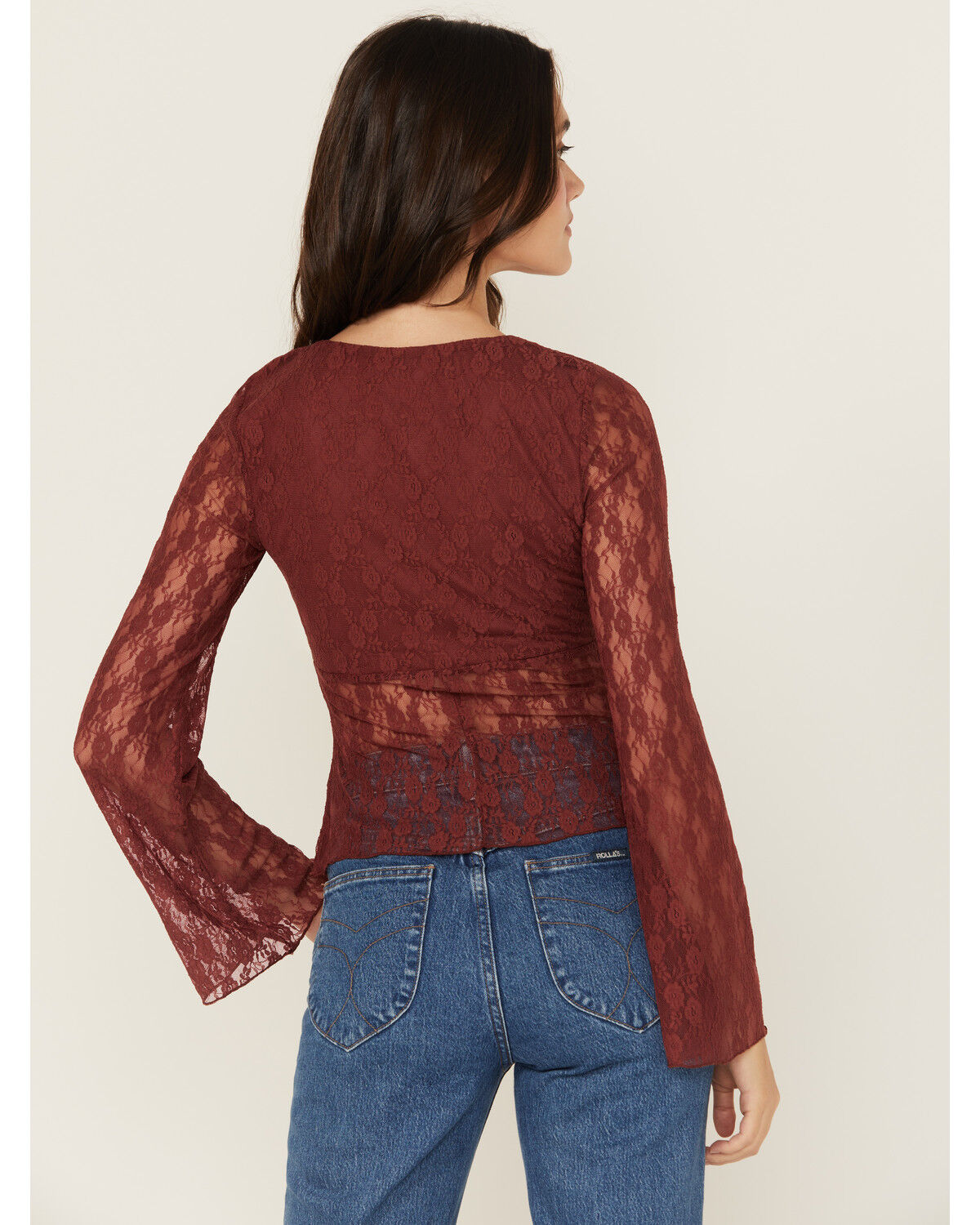 Image #4 - Trixxi Women's Solid Lace Long Bell Sleeve Shirt, Brown, hi-res
