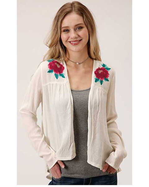 Image #1 - Roper Women's White Floral Embroidered Knit Cardigan , Ivory, hi-res