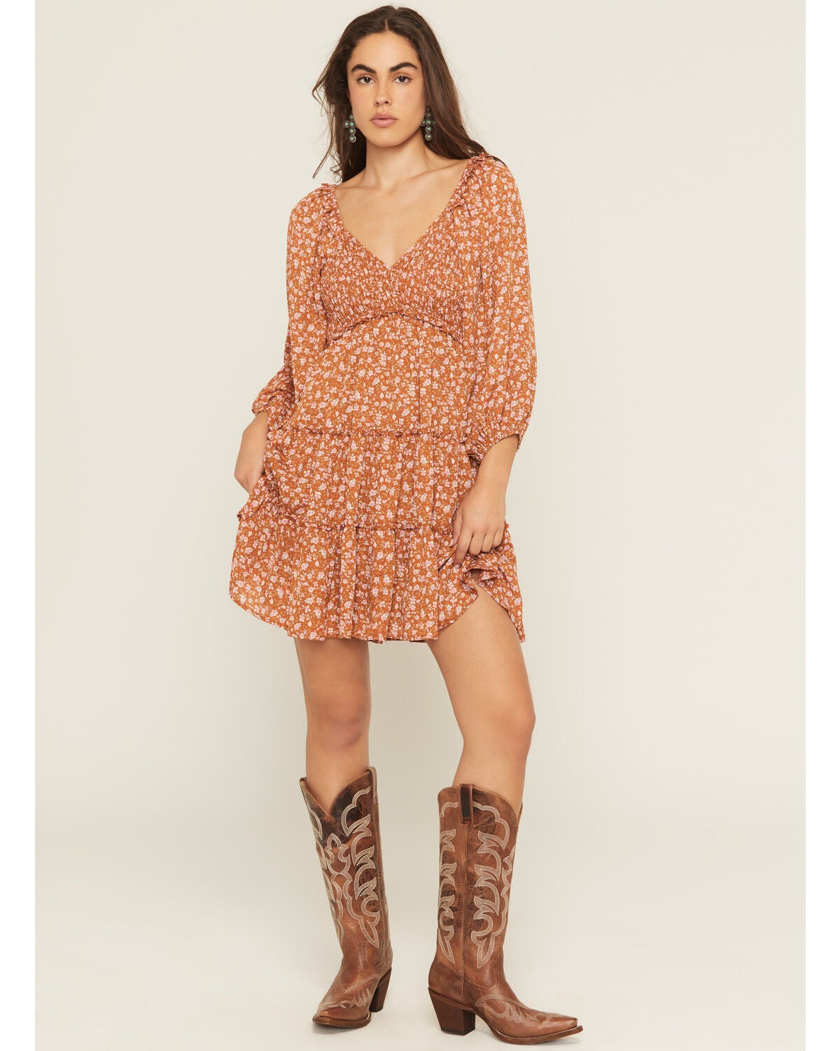 Yura Women's Floral Print Long Sleeve Smocked Mini Dress, Rust Copper, hi-res