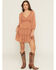 Image #1 - Yura Women's Floral Print Long Sleeve Smocked Mini Dress, Rust Copper, hi-res