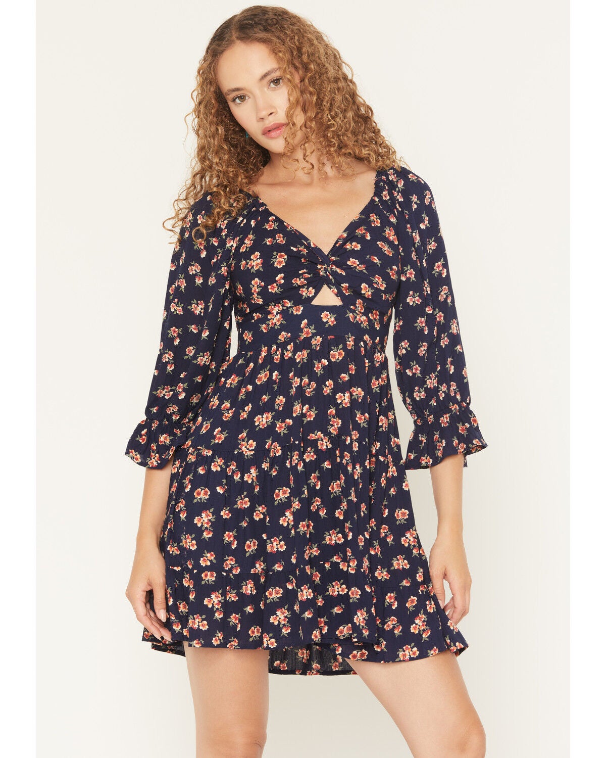 Angie Women's Floral Print Knot Front Mini Dress, Navy, hi-res