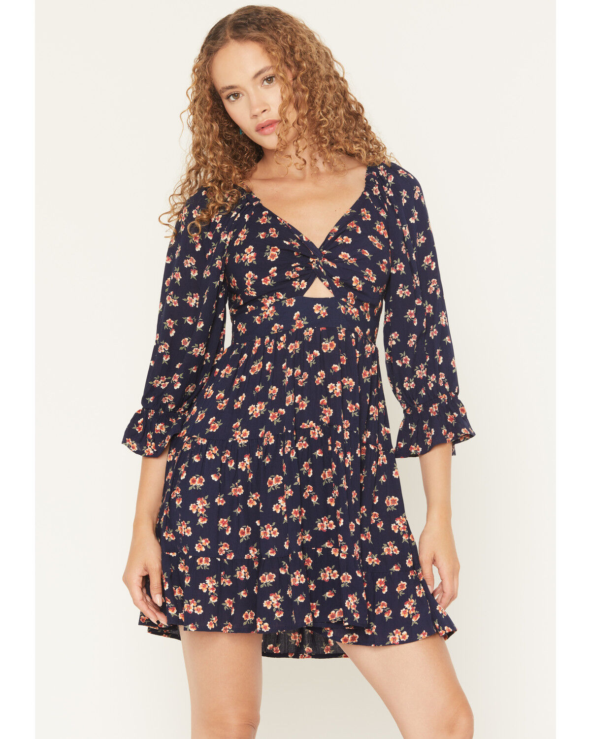 Image #1 - Angie Women's Floral Print Knot Front Mini Dress, Navy, hi-res