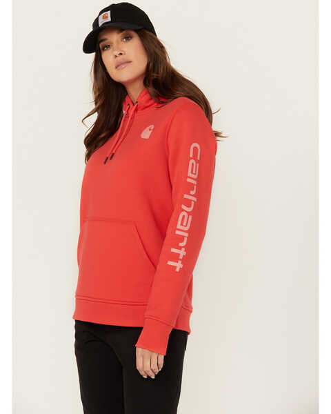 Image #1 - Carhartt Women's Relaxed Fit Midweight Logo Graphic Hoodie, Coral, hi-res