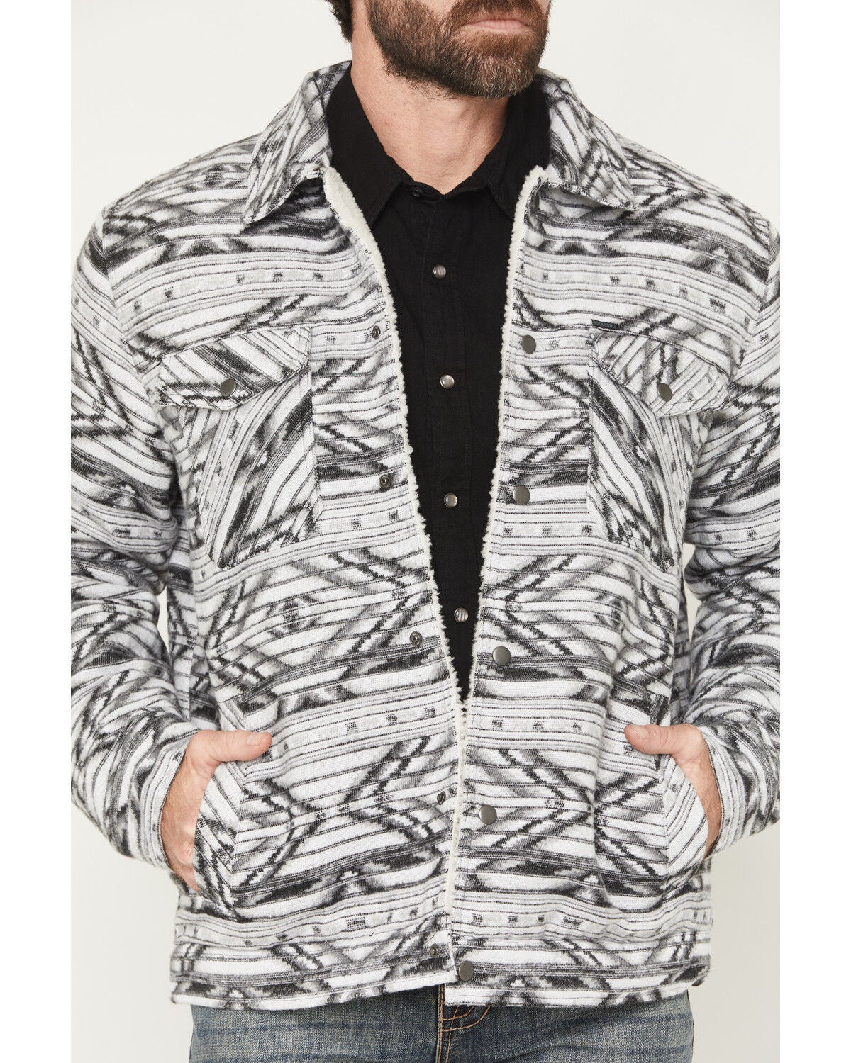 Image #3 - Rock & Roll Denim Men's Southwestern Print Berber Lined Shirt Jacket, Grey, hi-res