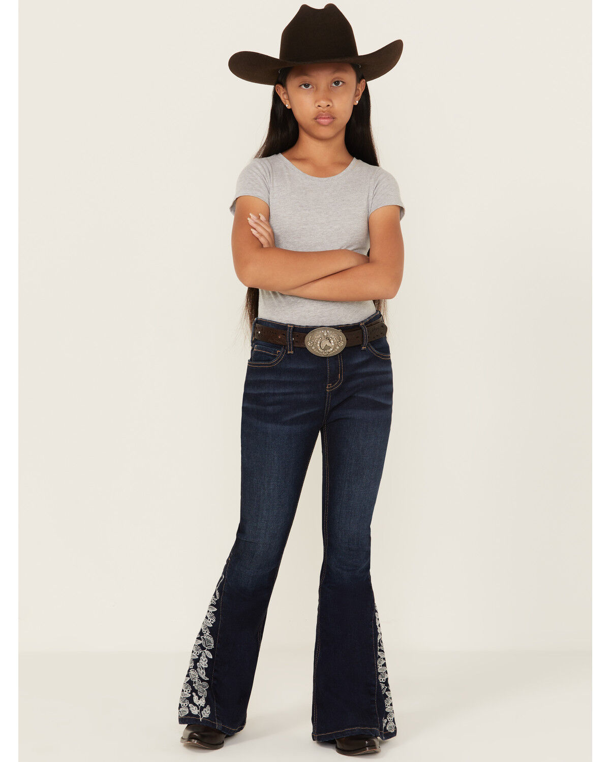 Image #1 - Shyanne Girls' Lacey Dark Wash Lace Inset Flare Stretch Denim Jeans, Dark Wash, hi-res