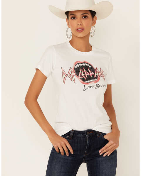 Def Leppard Women's Love Bites Mouth Graphic Short Sleeve Tee , White, hi-res