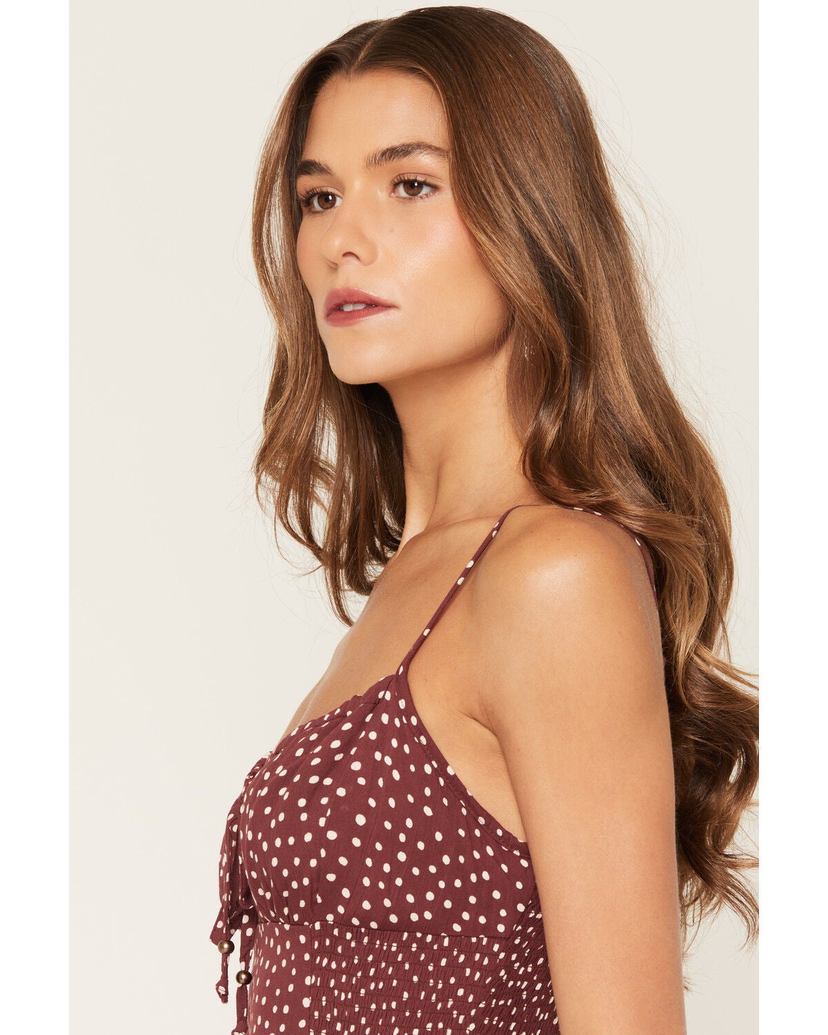 Image #2 - Angie Women's Polka Dot Twist Front Sleeveless Midi Dress, Brown, hi-res