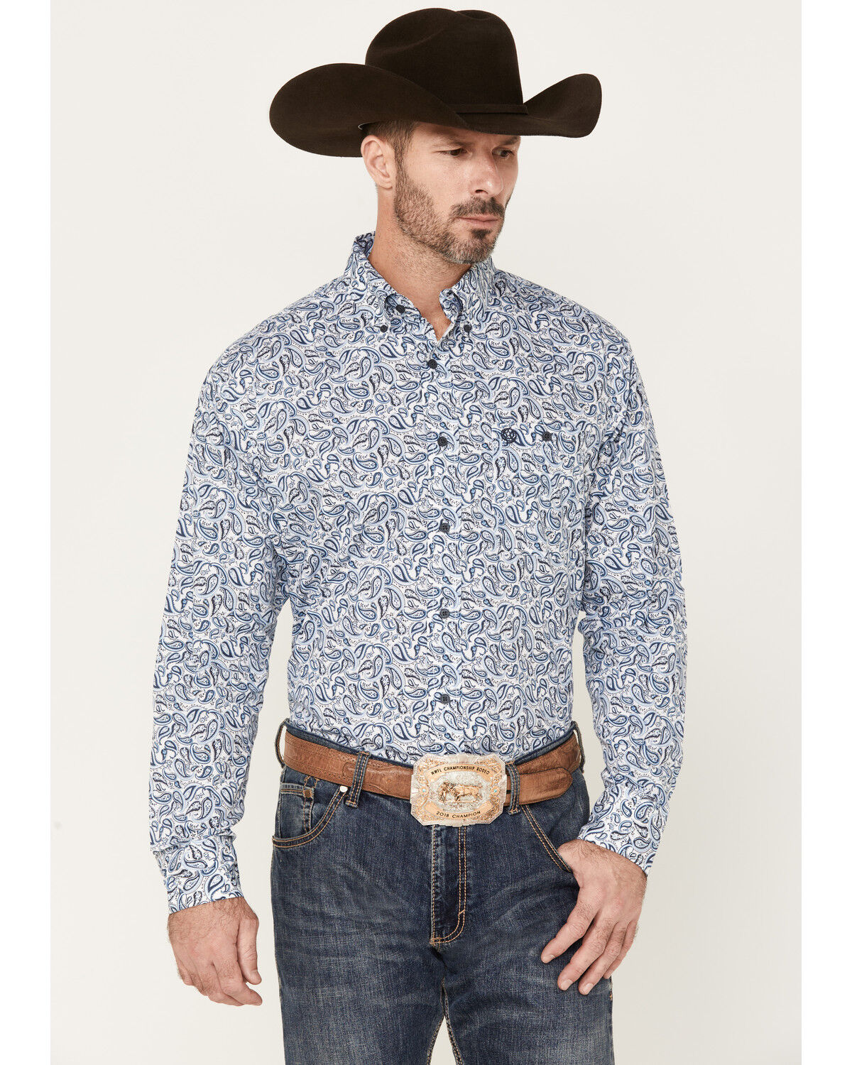 Image #1 - George Strait by Wrangler Paisley Print Long Sleeve Button-Down Western Shirt, Blue, hi-res