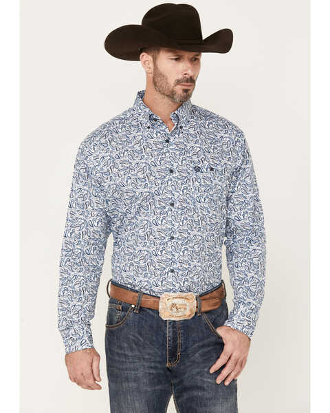 Image #1 - George Strait by Wrangler Paisley Print Long Sleeve Button-Down Western Shirt, Blue, hi-res