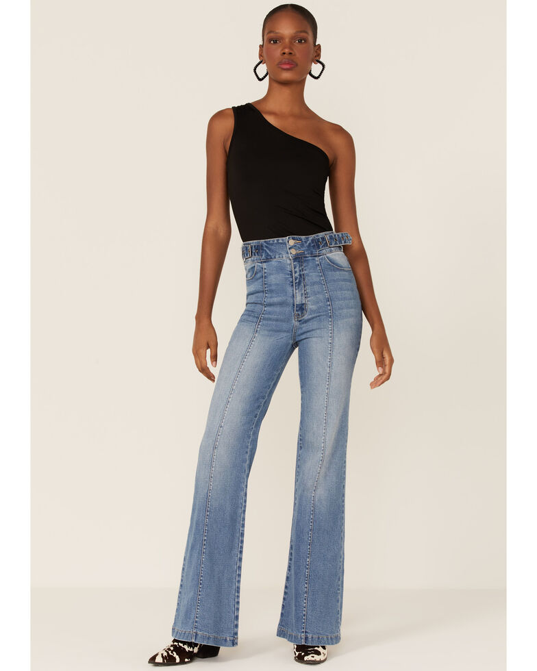 Flying Tomato Women's Light Wash High Rise Double Buckle Seam Front Bootcut Denim Jeans , Light Wash, hi-res