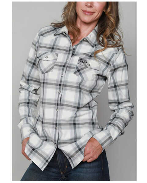 Image #1 - Kimes Ranch Women's Matadora Plaid Print Long Sleeve Western Snap Shirt, Grey, hi-res