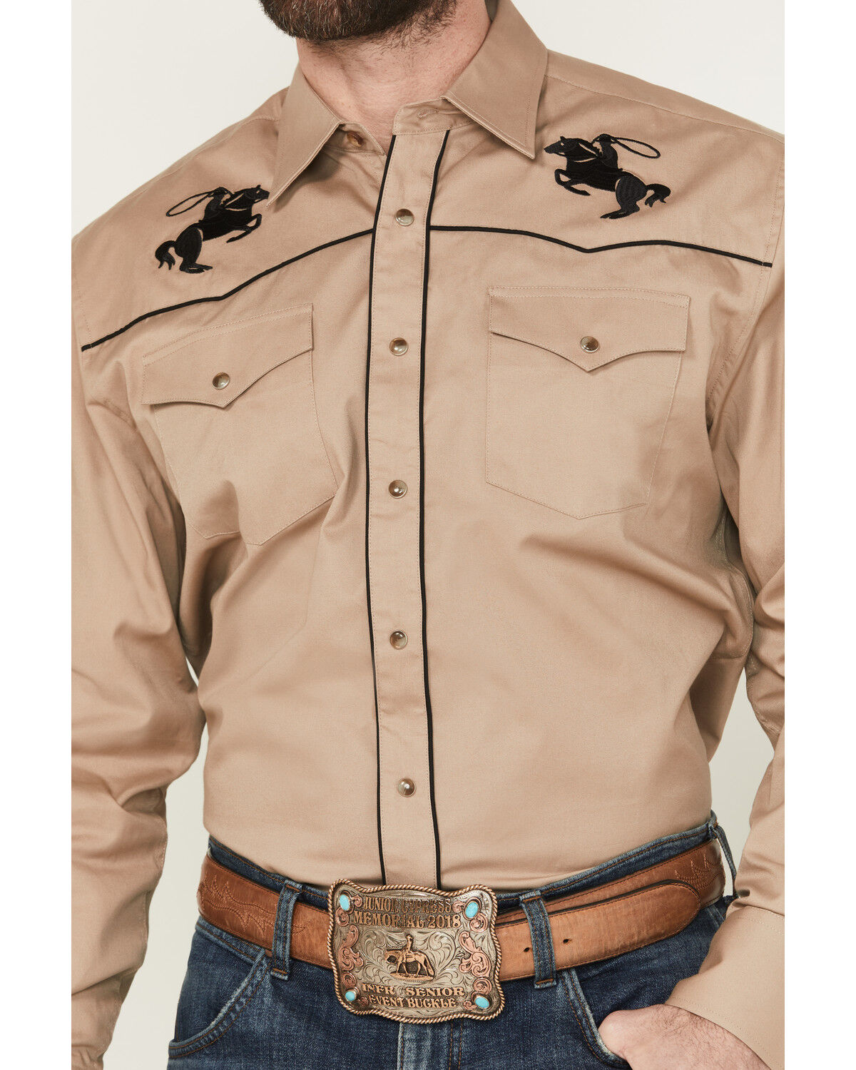 Image #3 - Rodeo Clothing Men's Solid Embroidered Long Sleeve Snap Western Shirt, Tan, hi-res