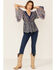 Angie Women's Paisley Print Lace Neck Long Bell Sleeve Top, Navy, hi-res