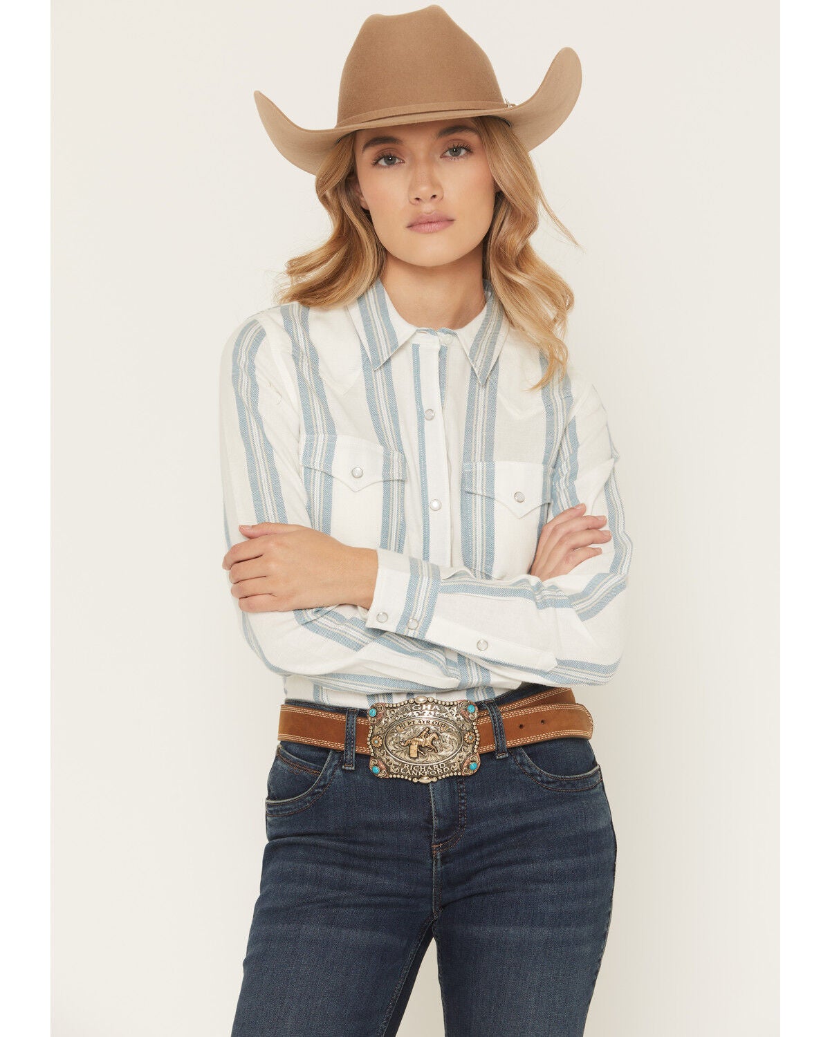 Wrangler Retro Women's Boot Barn Exclusive Striped Long Sleeve Pearl Snap Flannel Shirt, Light Blue, hi-res