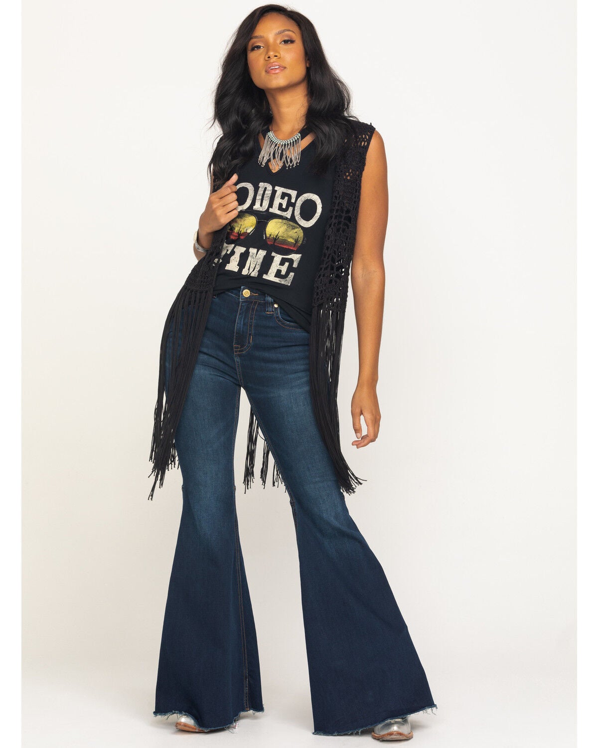 Black Crochet Long Fringe Vest | Sheplers