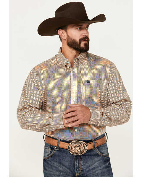 Cinch Men's Geo Print Long Sleeve Button-Down Western Shirt, Yellow, hi-res