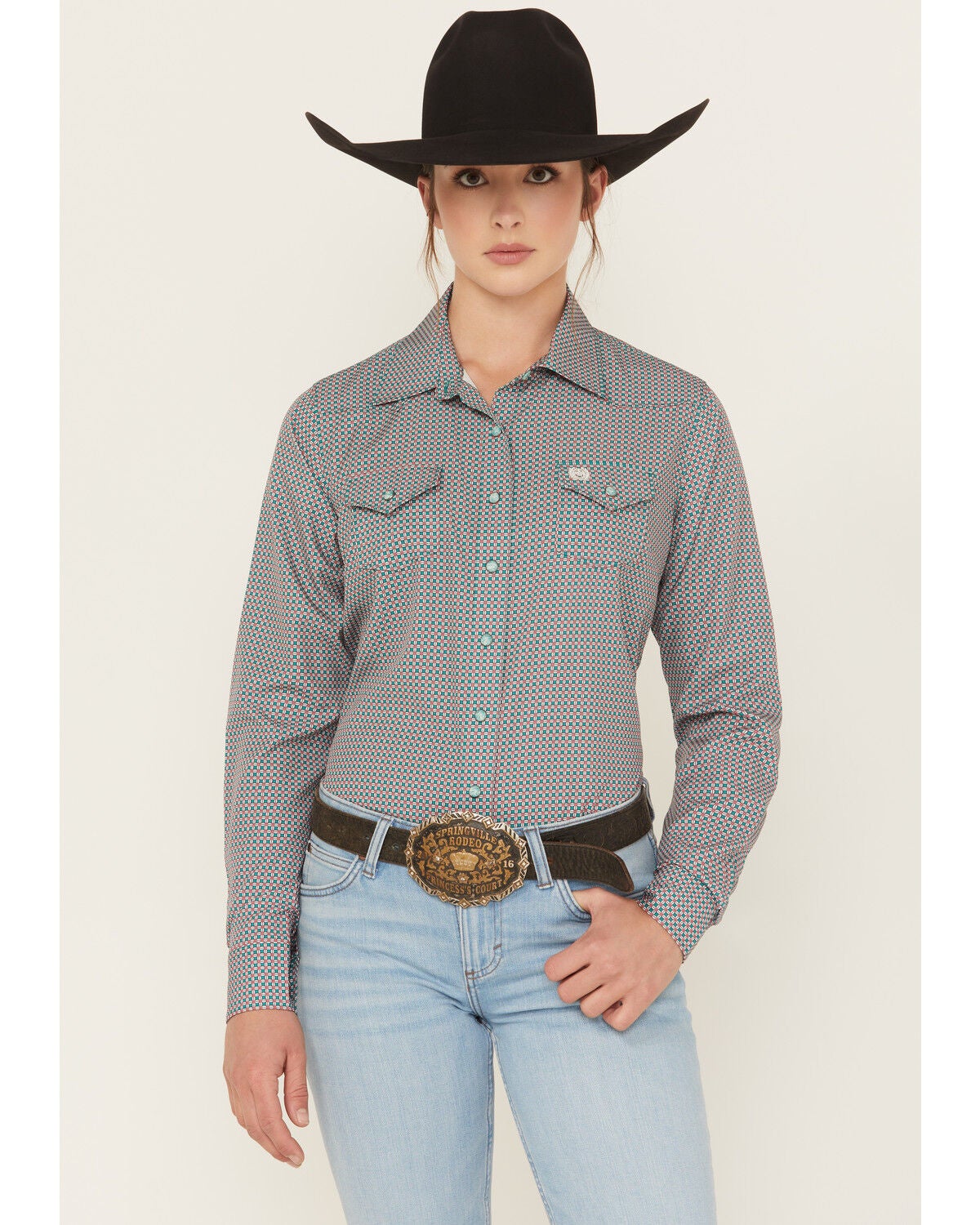 Cinch Women's Geo Print ArenaFlex Long Sleeve Snap Stretch Western Shirt, Green, hi-res